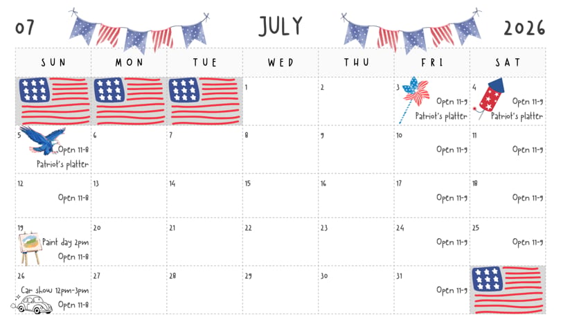 A July 2026 calendar with patriotic decorations and event listings for a restaurant.