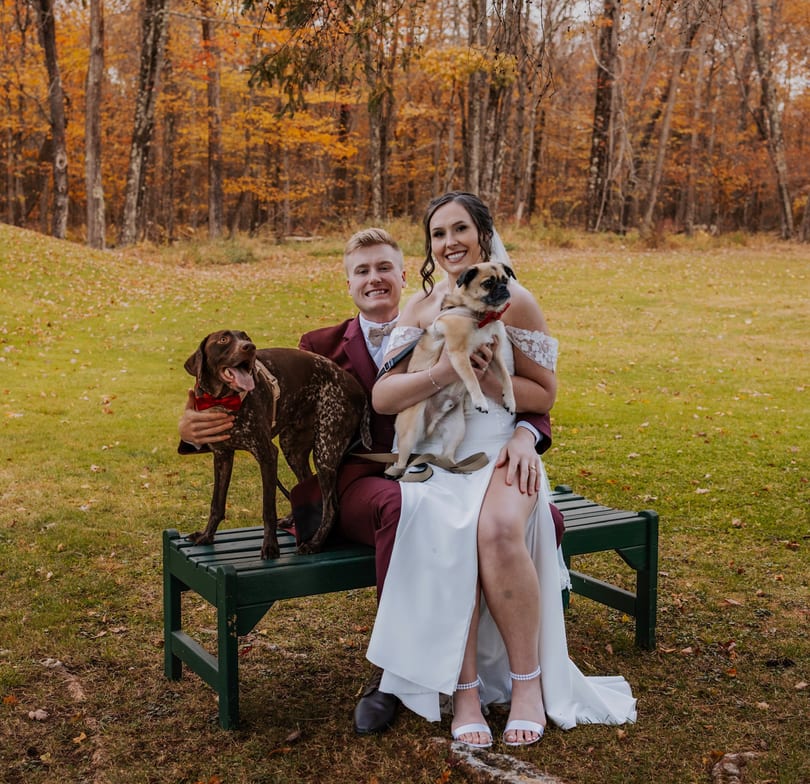 A newlywed couple sits on a bench with their two dogs in a fall forest setting.