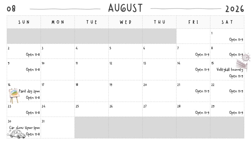 August 2026 calendar with events like Paint Day, Volleyball Tourney, and Car Show.